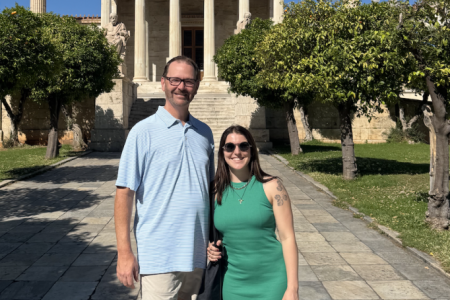 Dr. Lemons and Dr. Howard in front of the National Academy in Athens, Greece